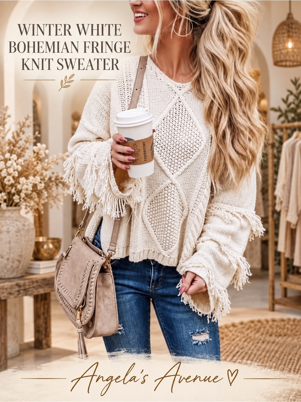Bohemian Fringe Cream Knit Sweater NEW